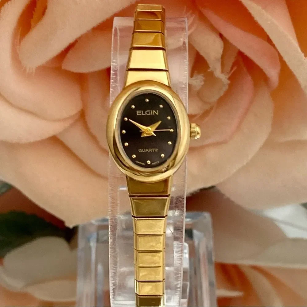 Vintage Elgin Gold-Tone Black Dial Dainty Dress Watch